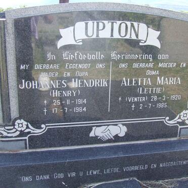 UPTON Johannes Hendrik 1914-1984 &amp; Aletta Maria VENTER 1920-1985