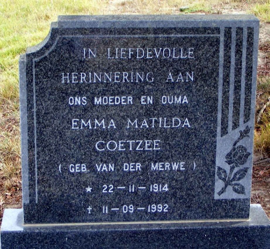COETZEE Emma Matilda nee VAN DER MERWE 1914-1992