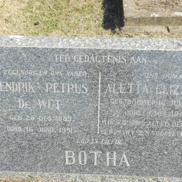 BOTHA Hendrik Petrus de Wet 1889-1951 &amp; Aletta Elizabeth BOUWER 1893-1988