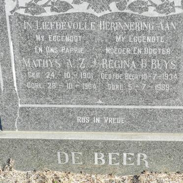 BEER Mathys A.Z.J., de 1901-1964 &amp; Regina D. Buys DE BEER 1934-1989
