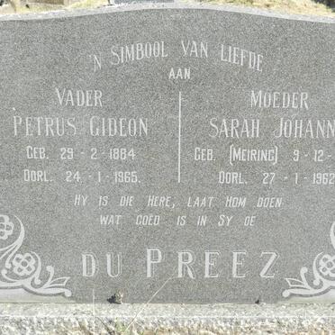 PREEZ Petrus Gideon, du 1884-1965 &amp; Sarah Johanna MEIRING 1894-1962