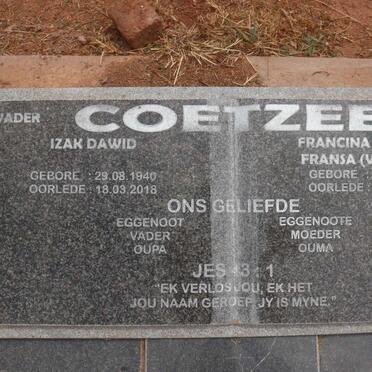 COETZEE Izak Dawid 1940-2018 &amp; Francina Johanna VERMAAK 1945-