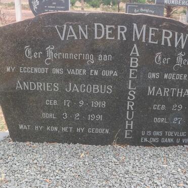 MERWE Andries Jacobus, van der 1918-1991 &amp; Martha Dorothea 1926-2014