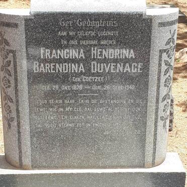 DUVENAGE Francina Hendrina Barendina nee COETZEE 1870-1942