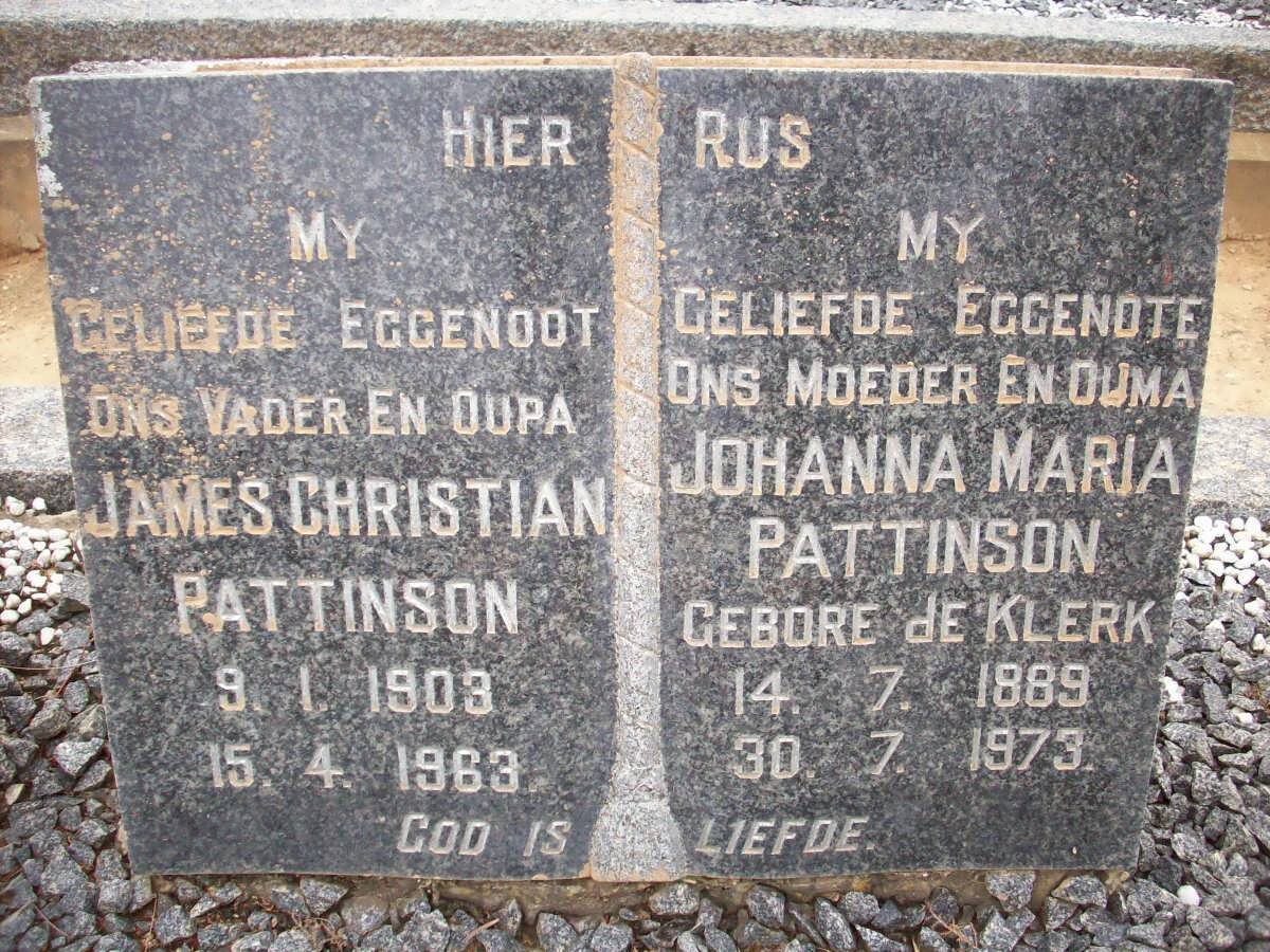 PATTINSON James Christian 1903-1963 &amp; Johanna Maria DE KLERK 1889-1973