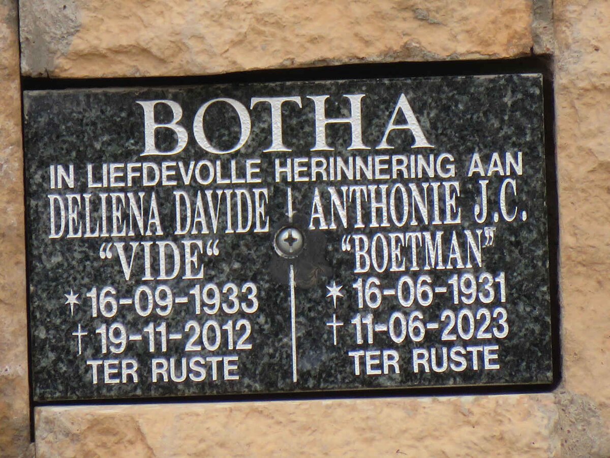 BOTHA Anthonie J.C. 1931-2023 &amp; Deliena Davide 1933-2012