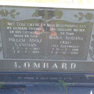 LOMBARD Willem Adolf Landman 1907-1978 &amp; Maria Adriana KLEYNHANS 1909-2001