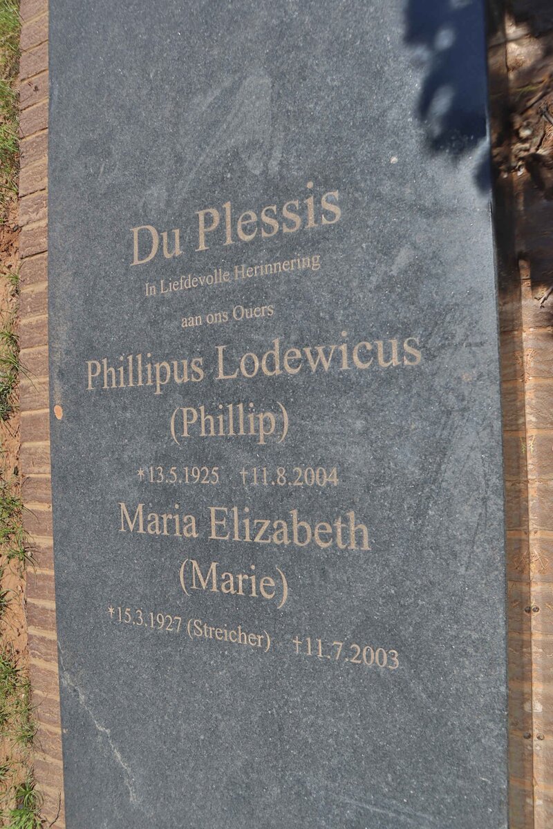 PLESSIS Phillipus Lodewicus, du 1925-2004 &amp; Maria Elizabeth STREICHER 1927-2003