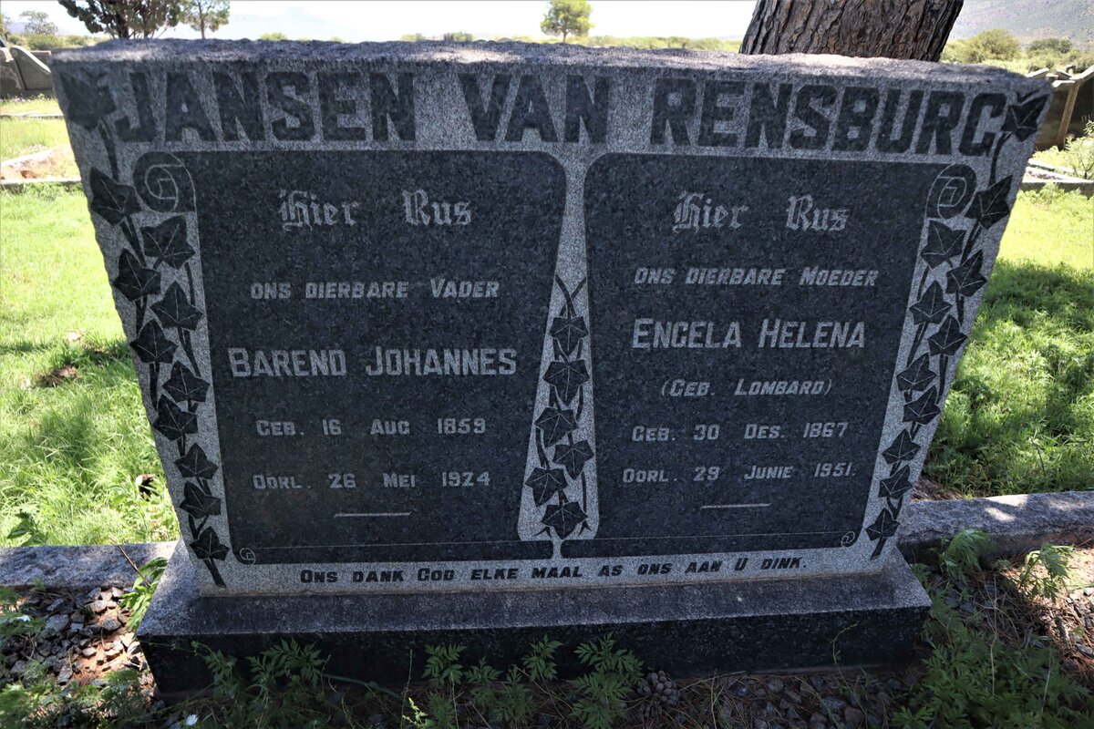 RENSBURG Barend Johannes, Jansen van 1859-1924 &amp; Engela Helena LOMBARD 1867-1951