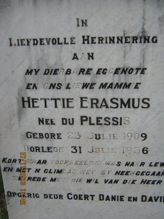ERASMUS Hettie nee DU PLESSIS 1909-1936