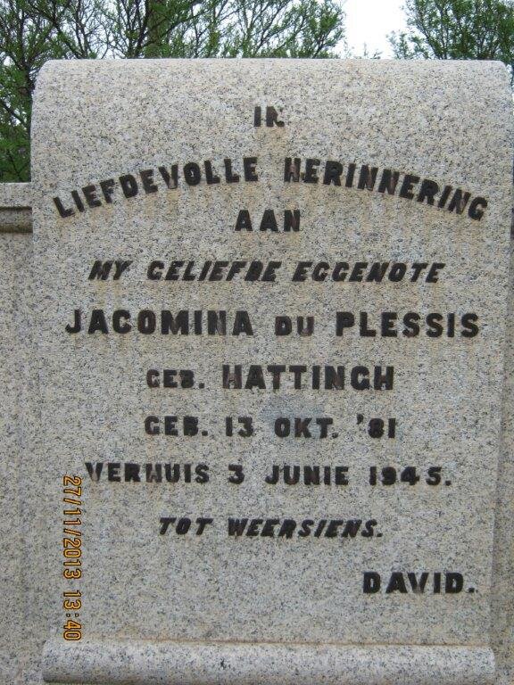 PLESSIS Jacomina, du nee HATTINGH 1881-1945