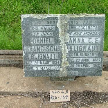 BLIGNAUT Daniel Franciscus 1894-1969 &amp; Anna C.E. BLIGNAUT 1897-1962
