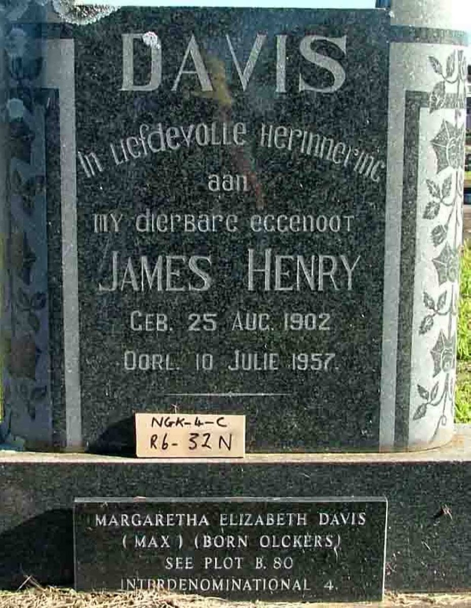 DAVIS James Henry 1902-1957 &amp; Margaretha Elizabeth OLCKERS