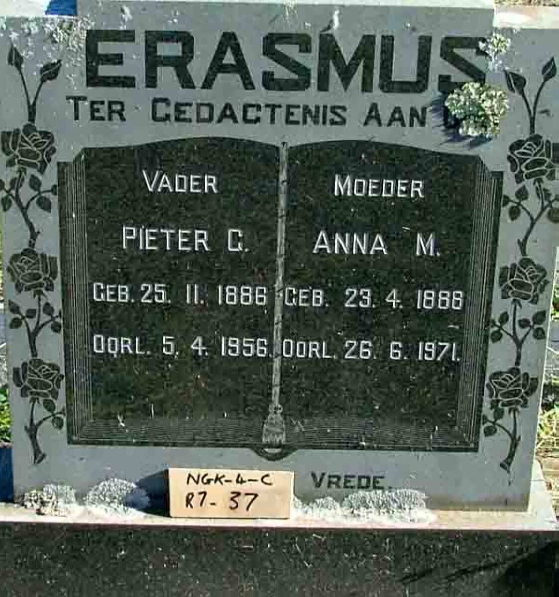 ERASMUS Pieter G. 1886-1956 &amp; Anna M. 1888-1971