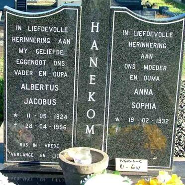 HANEKOM Albertus Jacobus 1924-1996 &amp; Anna Sophia 1932-