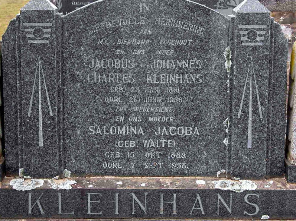 KLEINHANS Jacobus Johannes Charles 1891-1953 &amp; Salomina Jacoba WAITE 1889-1958