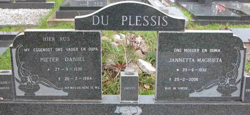 PLESSIS Pieter Daniël, du 1930-1984 &amp; Jannetta Magrieta 1932-2006