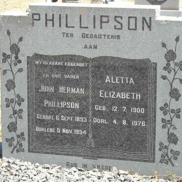 PHILLIPSON John Herman 1893-1934 &amp; Aletta Elizabeth 1900-1976