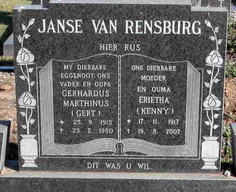 RENSBURG Gerhardus Marthinus, Janse van 1915-1980 &amp; Erietha 1917-2007