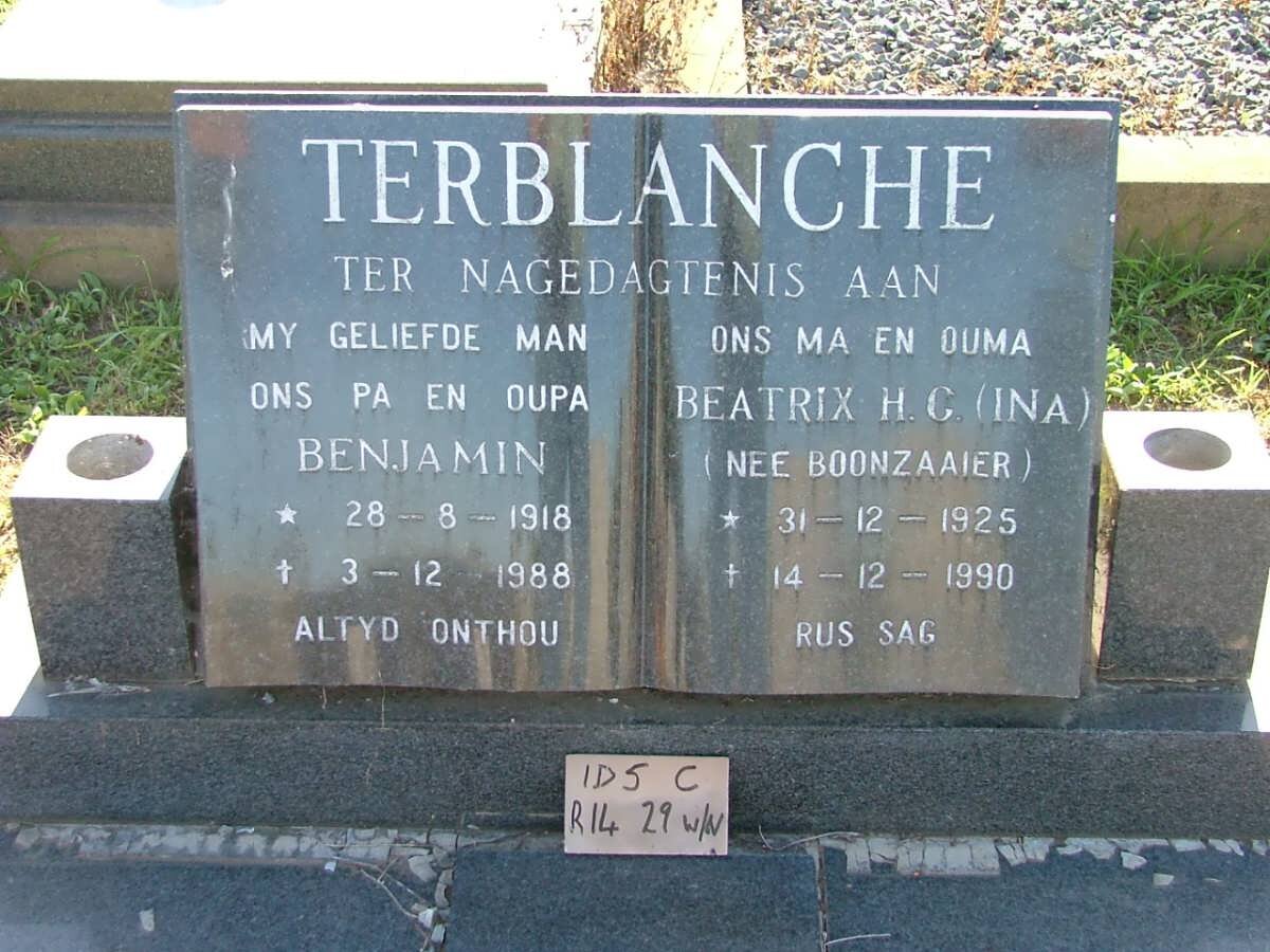 TERBLANCHE Benjamin 1918-1988 &amp; Beatrix H.C. BOONZAAIER 1925-1990