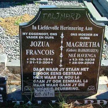 TALJAARD Jozua Francois 1914-2001 &amp; Magrietha HAVENGA 1938-2004