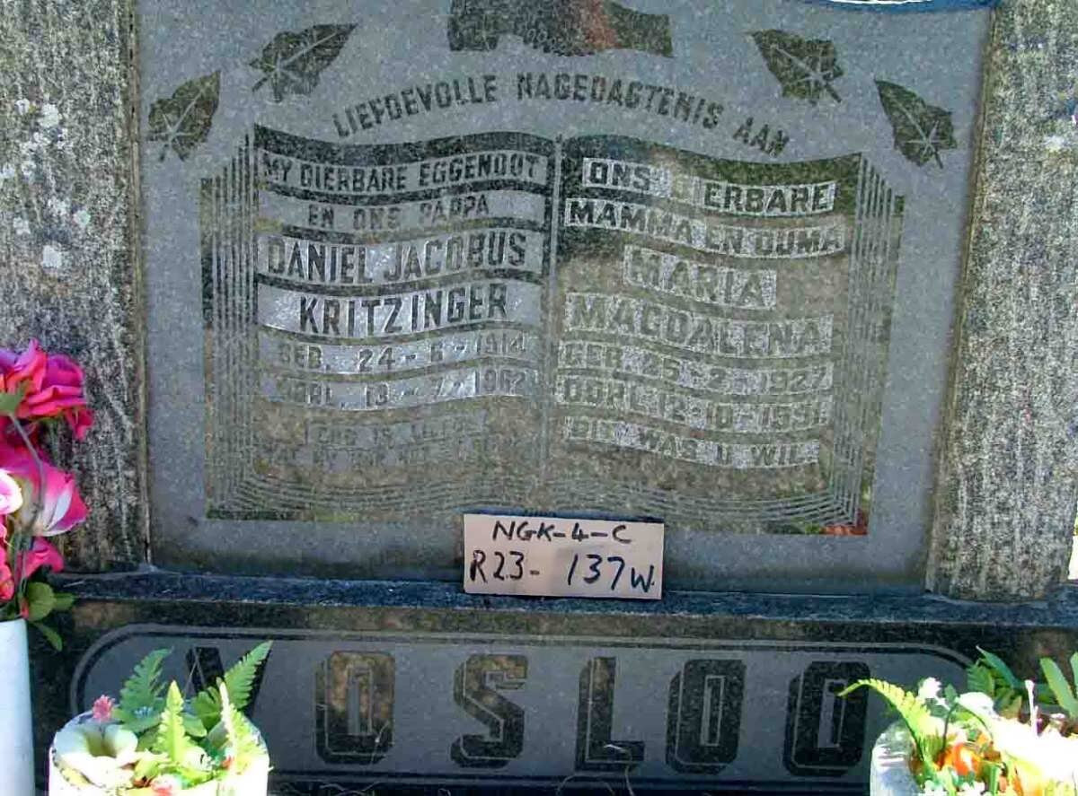 VOSLOO Daniel Jacobus Kritzinger 1914-1962 &amp; Maria Magdalena 1927-1991