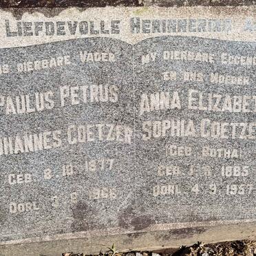 COETZER Paulus Petrus Johannes 1877-1966 &amp; Anna Elizabeth Sophia BOTHA 1885-1957