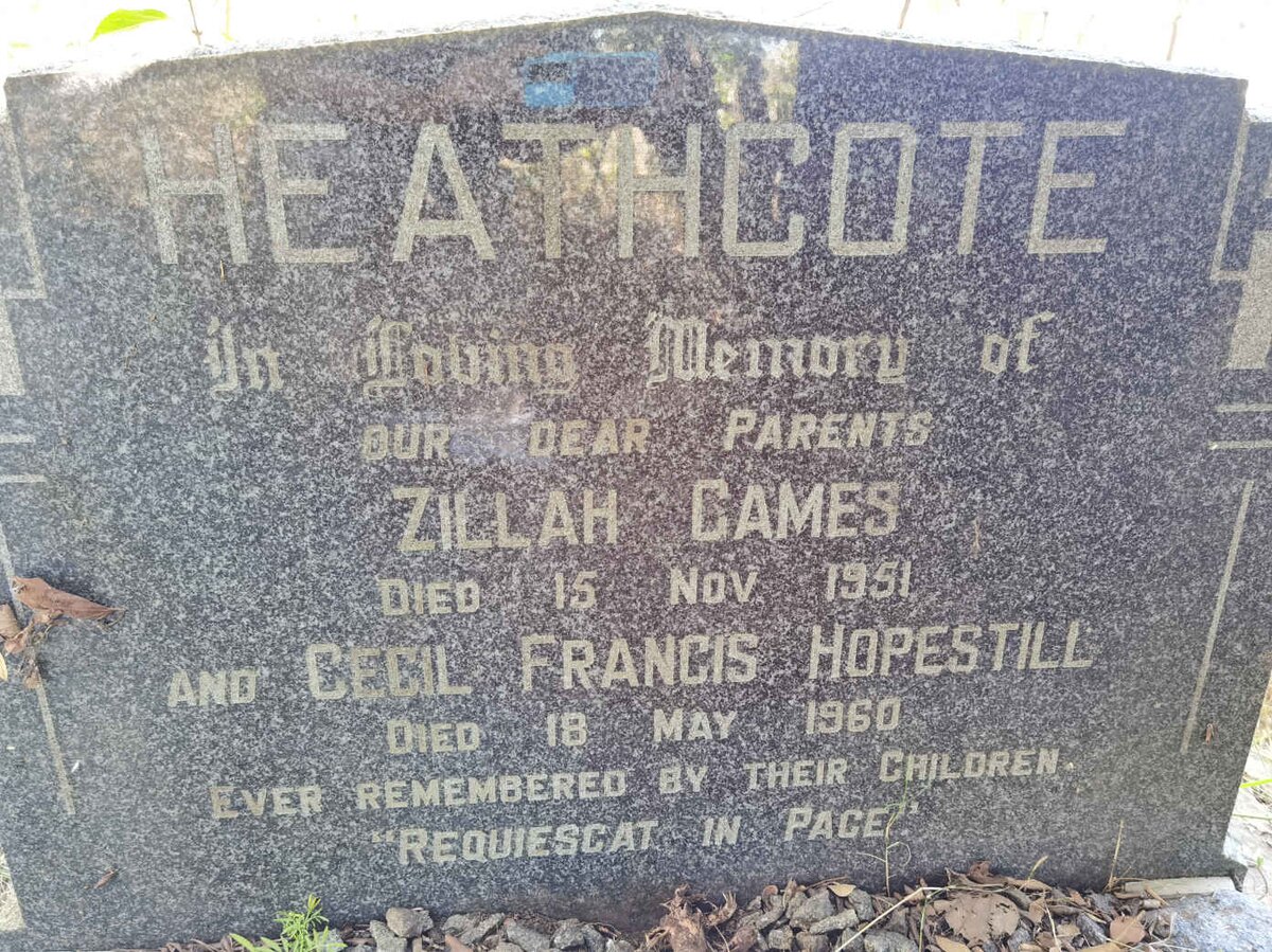 HEATHCOTE Cecil Francis Hopestill -1960 &amp; Zillah Games -1951
