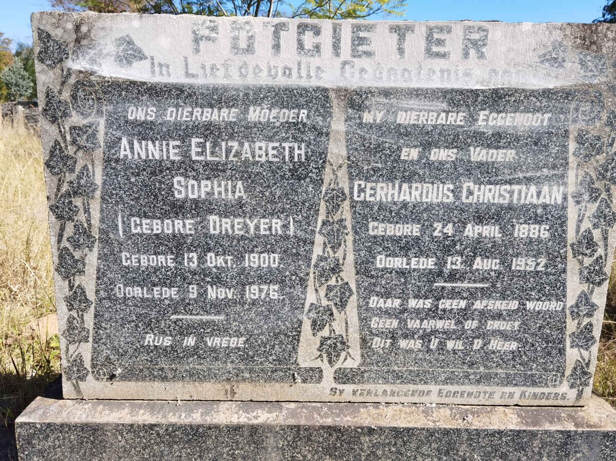 POTGIETER Gerhardus Christiaan 1886-1952 &amp; Annie Elizabeth Sophia DREYER 1900-1976