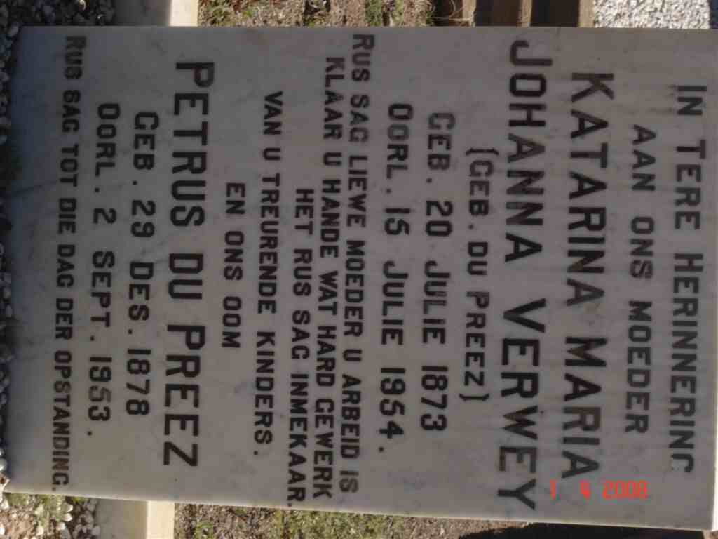 PREEZ Petrus, du 1878-1853 :: VERWEY Katarina Maria nee DU PREEZ 1873-1954