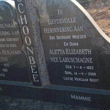 SCHOONBEE Charles Benjamin Pieter 1920-1980 &amp; Aletta Elizabeth LABUSCHAGNE 1922-2008