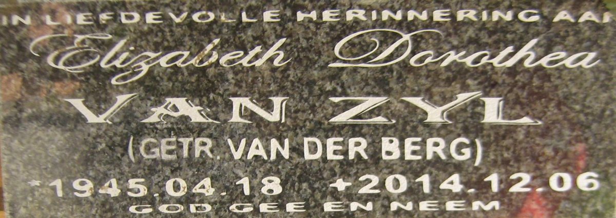 BERG Elizabeth Dorothea, van der voorheen VAN ZYL 1945-2014