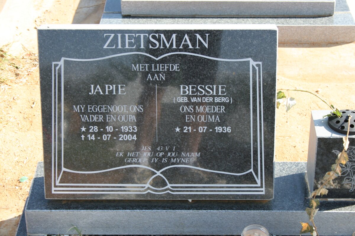 ZIETSMAN Japie 1933-2004 &amp; Bessie VAN DER BERG 1936-