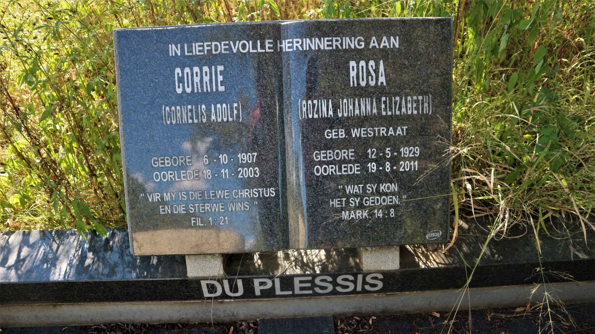 PLESSIS Cornelis Adolf, du 1907-2003 &amp; Rozina Johanna Elizabeth WESTRAAT 1929-2011
