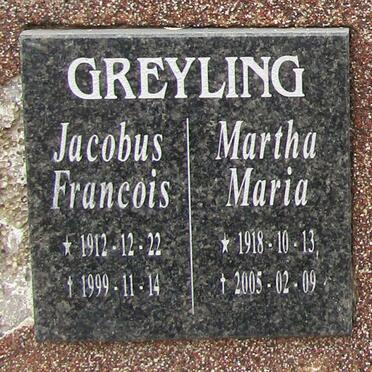 GREYLING Jacobus Francois 1912- 1999 &amp; Martha Maria 1918-2005