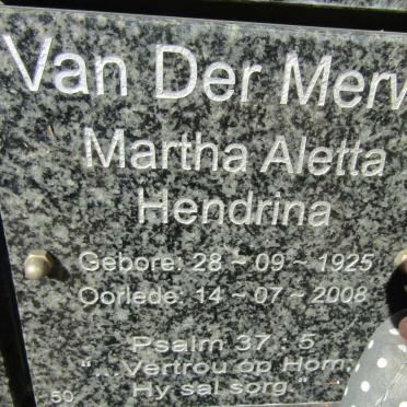 MERWE Martha Aletta Hendrina, van der 1925-2008