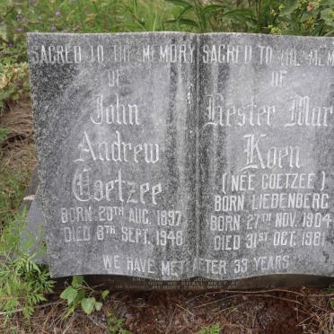 COETZEE John Andrew 1897-1948 &amp; Hester Maria KOEN formerly COETZEE nee LIEBENBERG 1904-1981