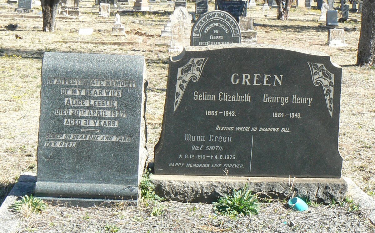 GREEN George Henry 1864-1946 &amp; Selina Elizabeth 1865-1943 :: GREEN Mona nee SMITH 1910-1975 :: LESSLIE Alice -1927