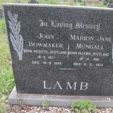 LAMB John Bowmaker 1877-1948 &amp; Marion Jane Mungall 1881-1955