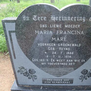 MARE Maria Francina voorheen GROENEWALD nee HEYNS 1888-1978