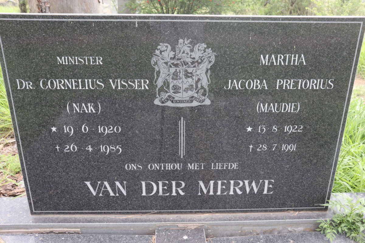 MERWE Cornelius Visser, van der 1920-1985 &amp; Martha Jacoba Pretorius 1922-1991