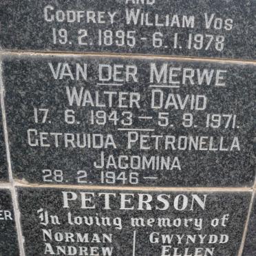MERWE Walter David, van der 1943-1971 &amp; Getruida Petronella Jacomina 1946-