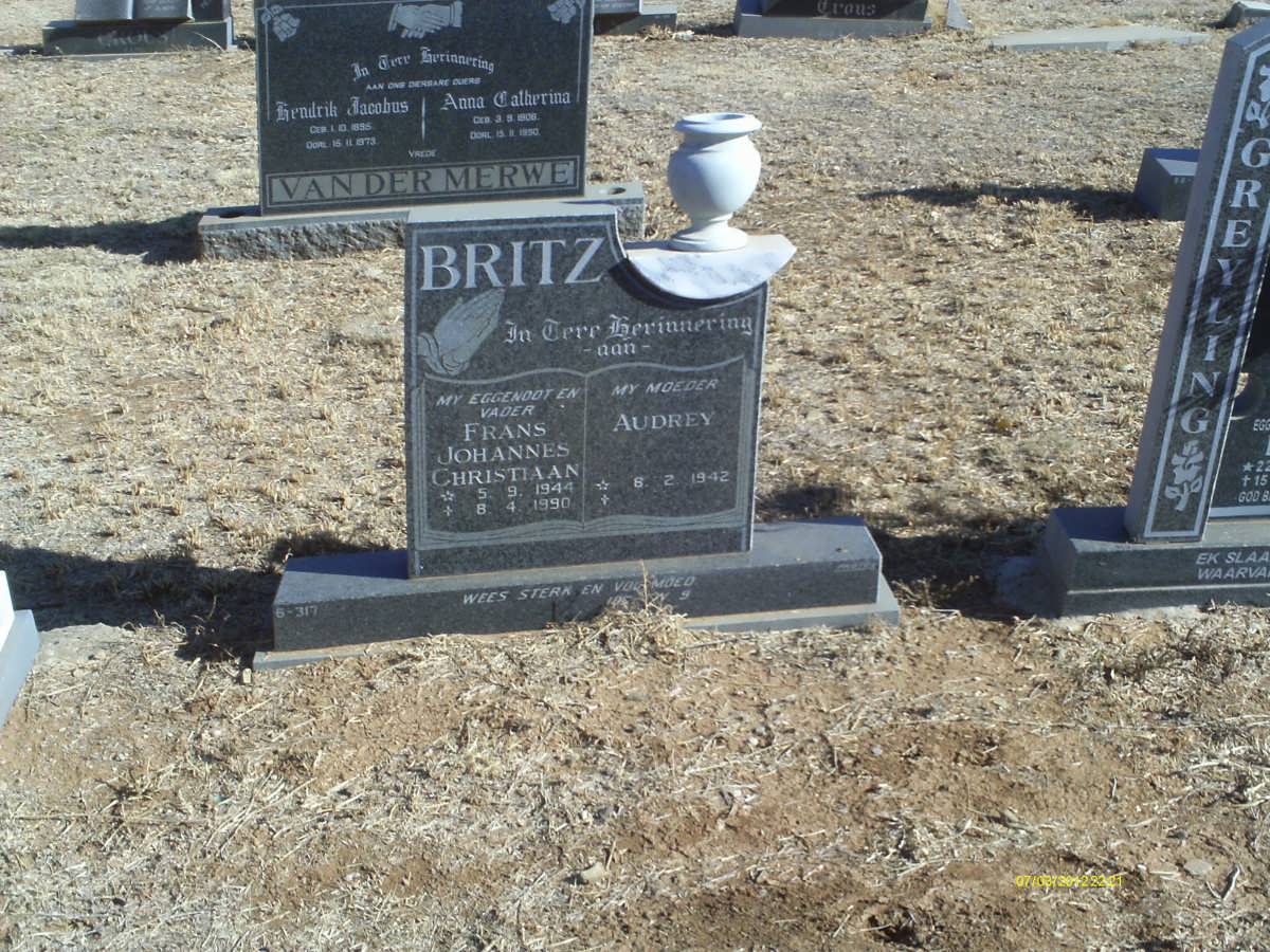 BRITZ Frans Johannes Christiaan 1944-1990 &amp; Audrey 1942-