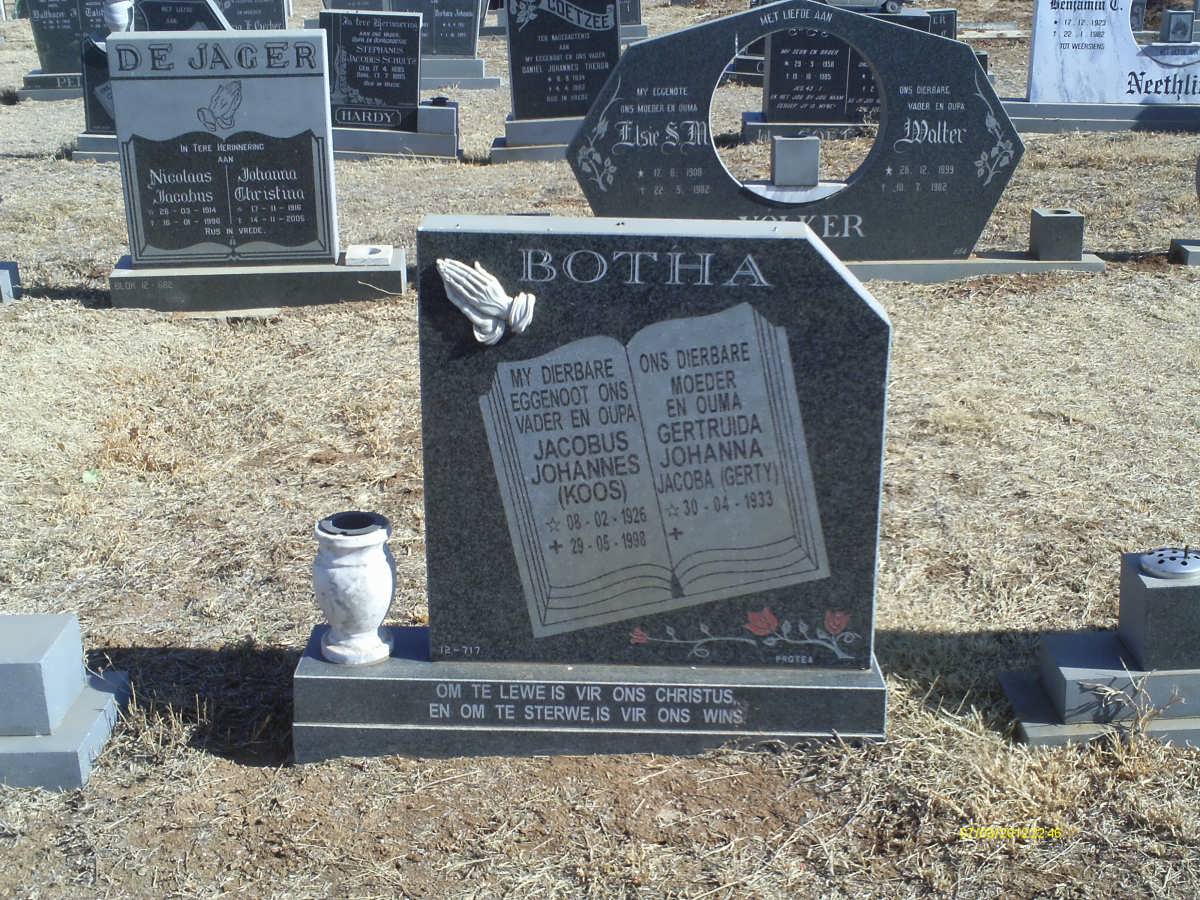 BOTHA Jacobus Johannes 1926-1998 &amp; Gertruida Johanna Jacoba 1933-