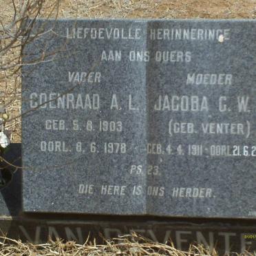 DEVENTER Coenraad A.L., van 1903-1978 &amp; Jacoba G.W.A. VENTER 1911-2007