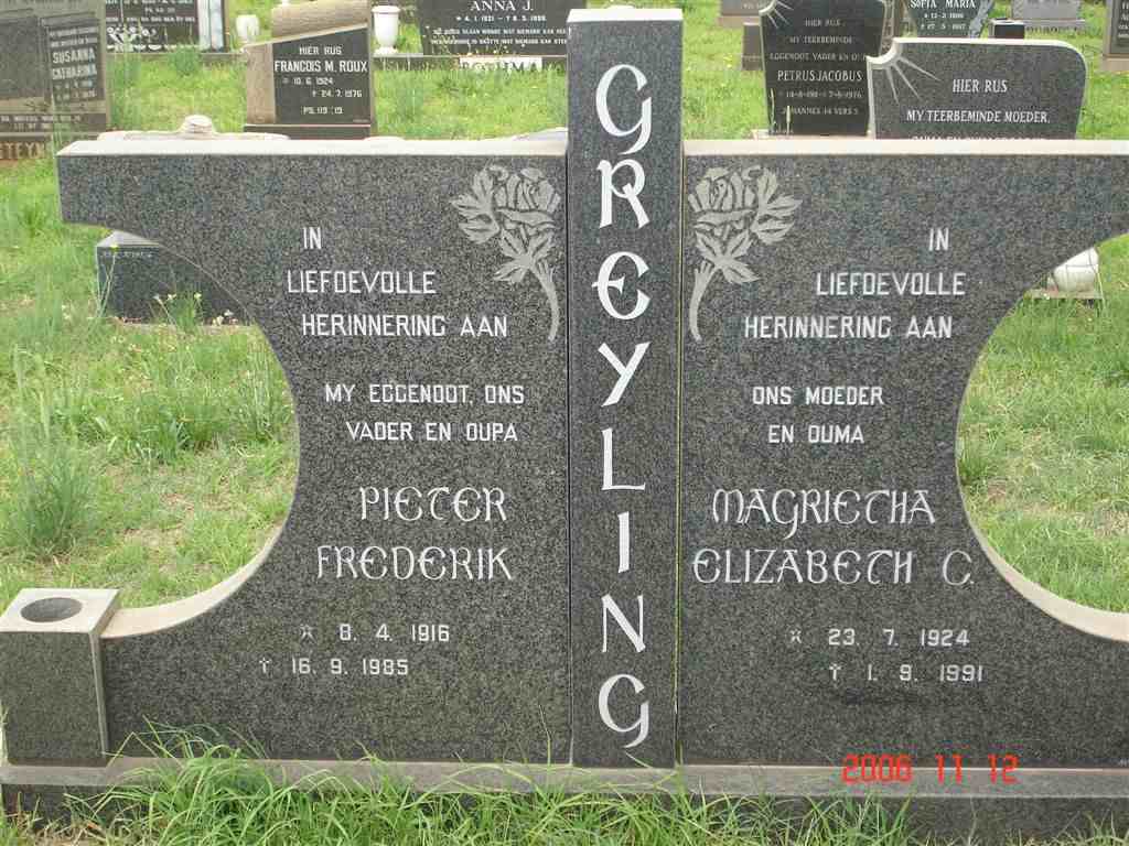 GREYLING Pieter Frederick 1916-1985 &amp; Magrietha Elizabeth C. 1924-1991