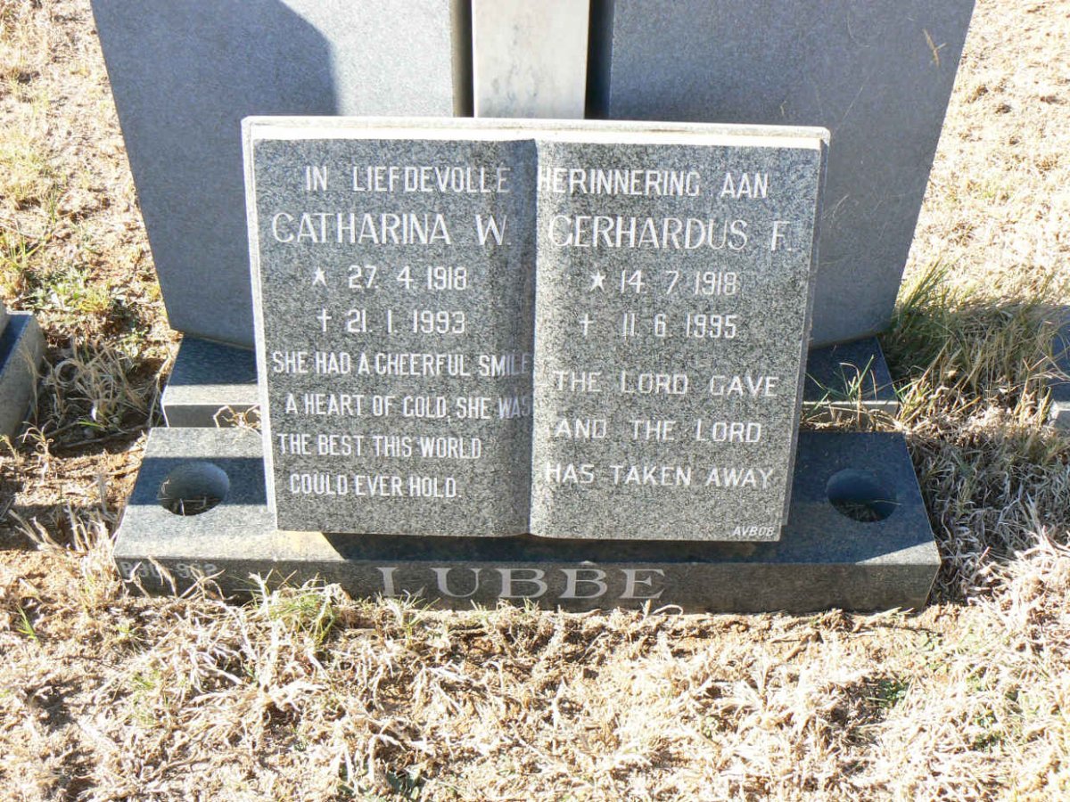 LUBBE Gerhardus F. 1918-1995 &amp; Catharina W. 1918-1993