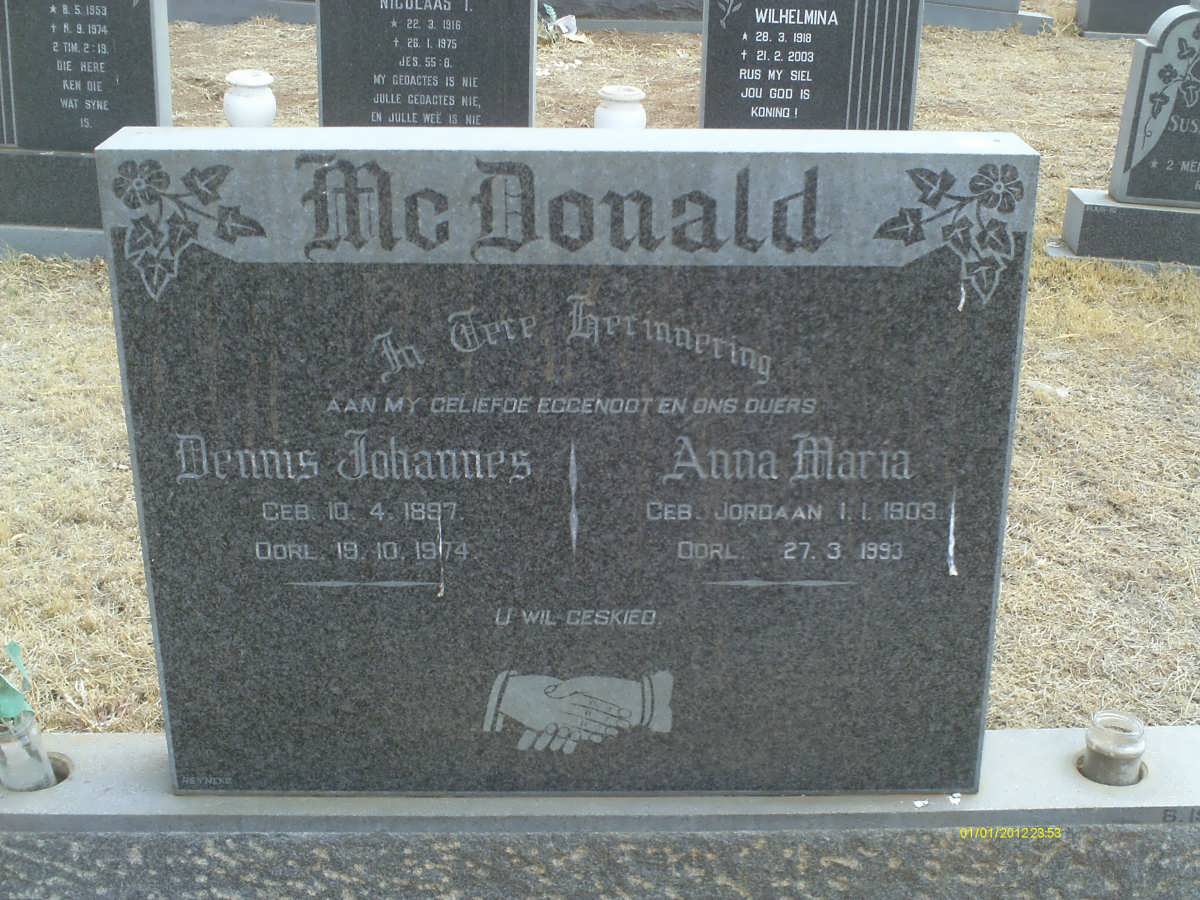 MCDONALD Dennis Johannes 1897-1974 &amp; Anna Maria JORDAAN 1903-1993