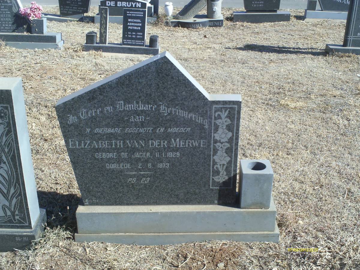 MERWE Elizabeth, van der nee DE JAGER 1929-1973