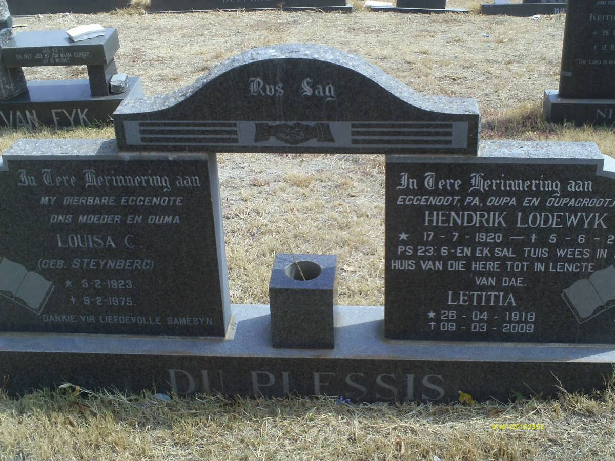 PLESSIS Hendrik Lodewyk, du 1920- &amp; Louisa C. STEYNBERG 1923-1975 :: DU PLESSIS Letitia 1918-2009